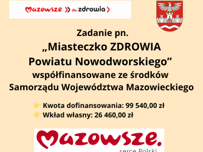 plakat informacyjny o dofinansowaniu zadania Miasteczko Zdrowia Powiatu Nowodworskiego
