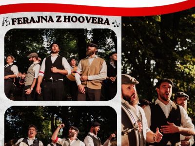 zdjęcia zespołu Ferajna z Hoovera podczas występów na tle plakatu promującego Powiatowy Dzień Weterana