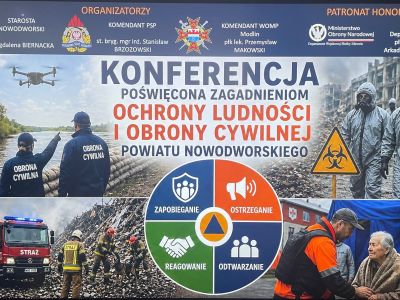 plakat informujący o konferencji szkoleniowej poświęconej zagadnieniom Ochrony Ludności i Obrony Cywilnej