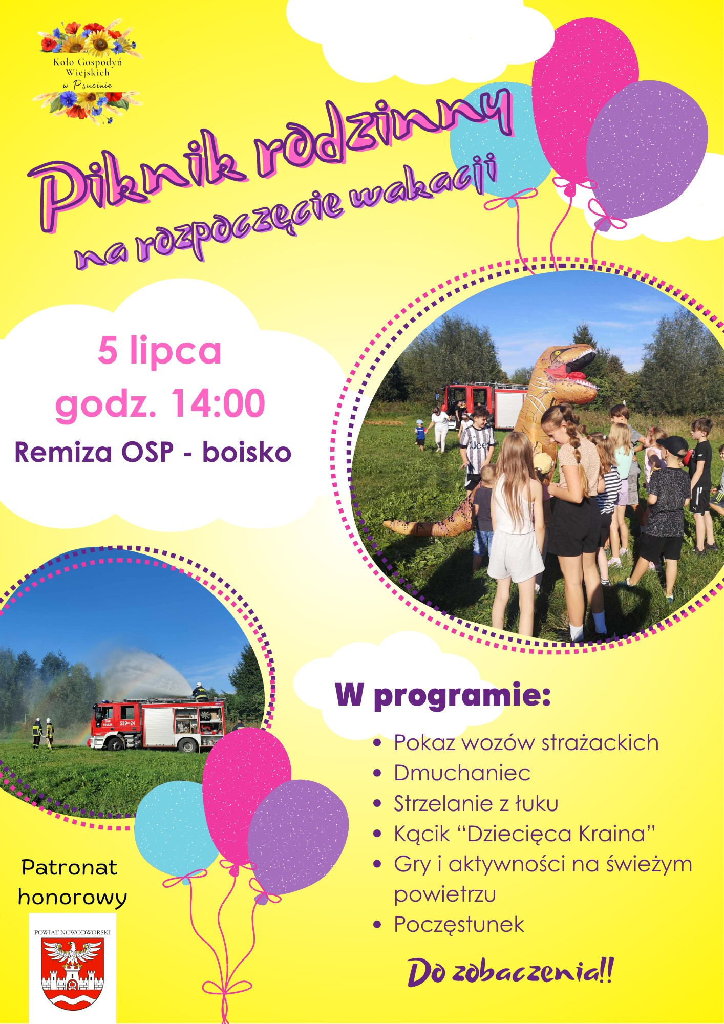 plakat informujący o wydarzeniu piknik rodzinny w Psucinie