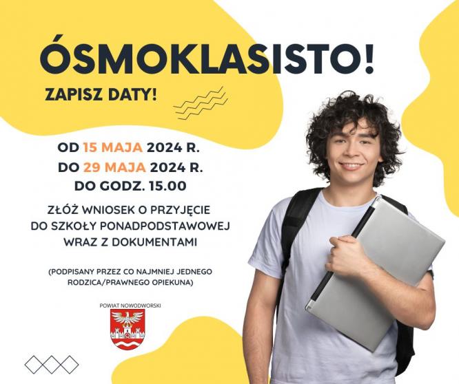 plakat promujący, chłopak z laptopem w ręku