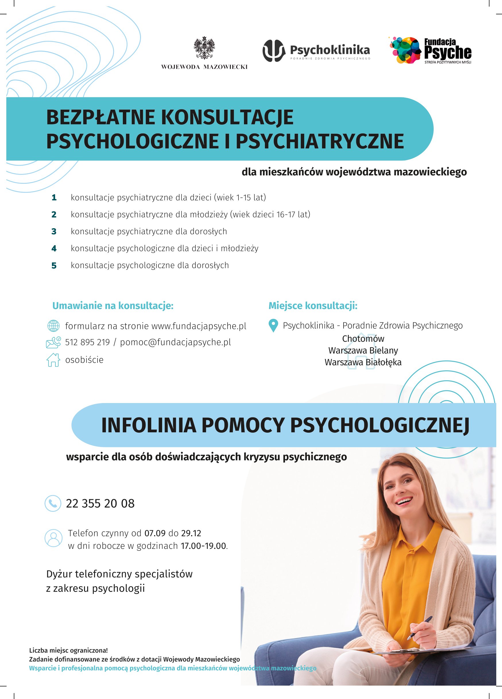 Plakat promujący bezpłatne konsultacje psychologiczne