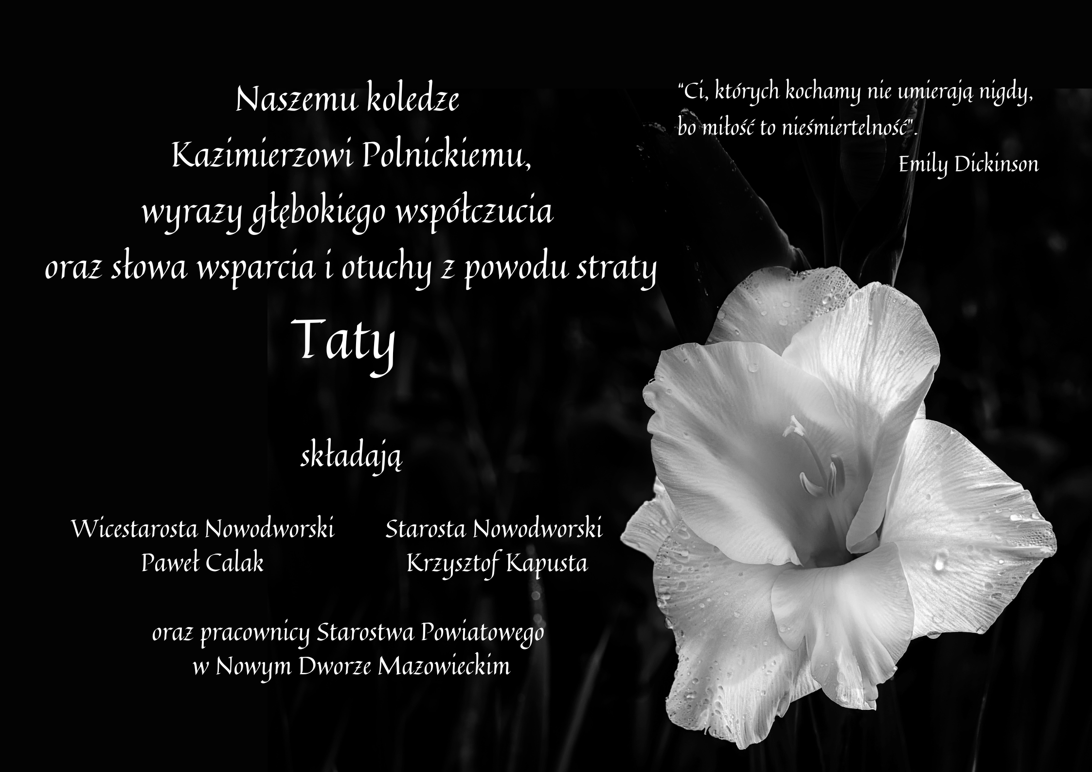 czarne tło, biały kwiat i napisy kondolencji, treść w akapicie