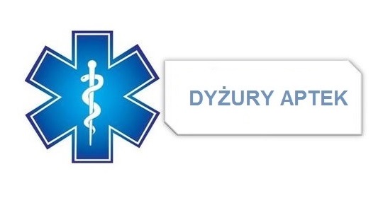 białe tło, niebieski napis dyżury aptek, niebieskie logo apteczne