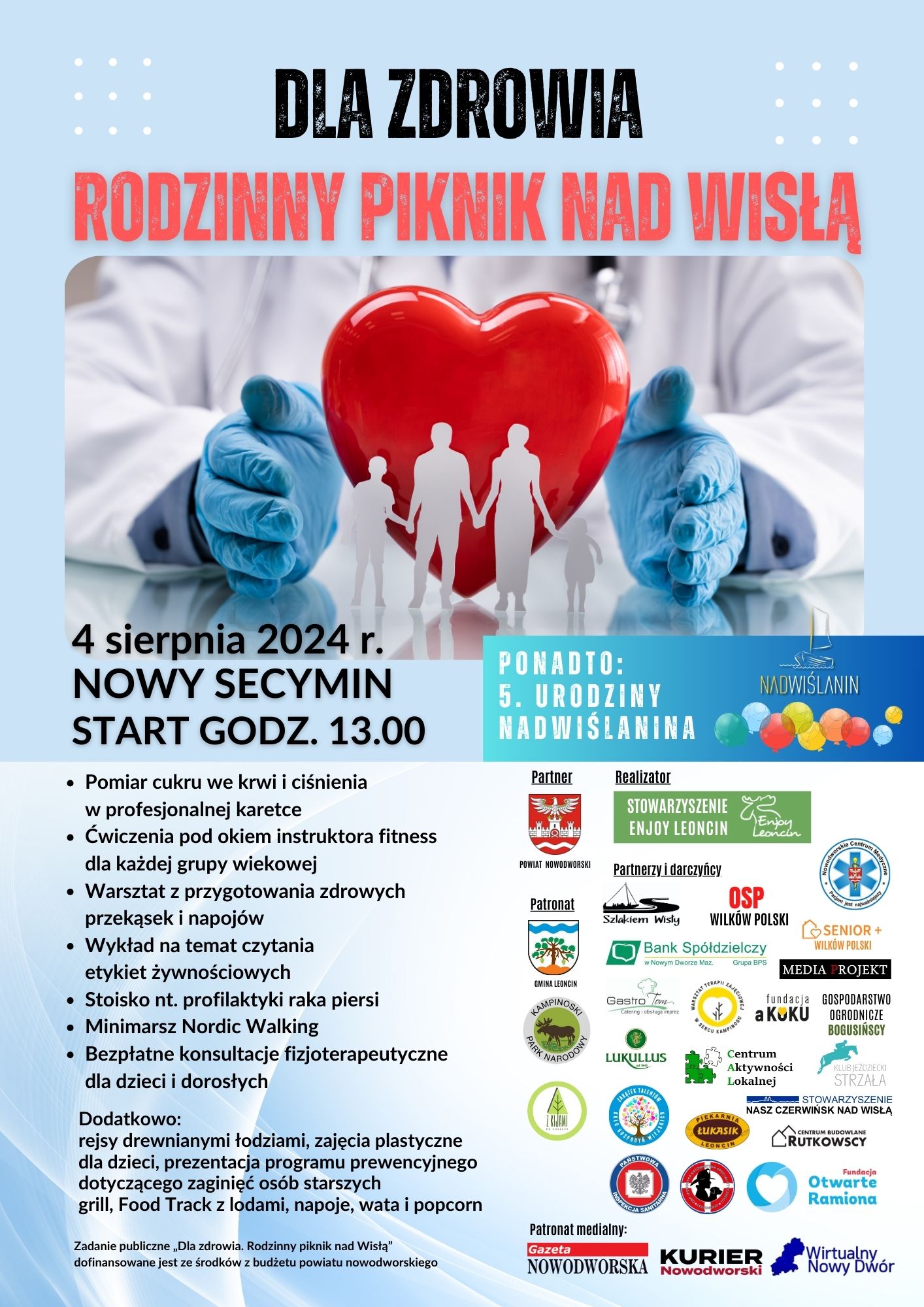 ręce lekarza trzymające serce, opisane informacje o wydarzeniu, logotypy partnerów