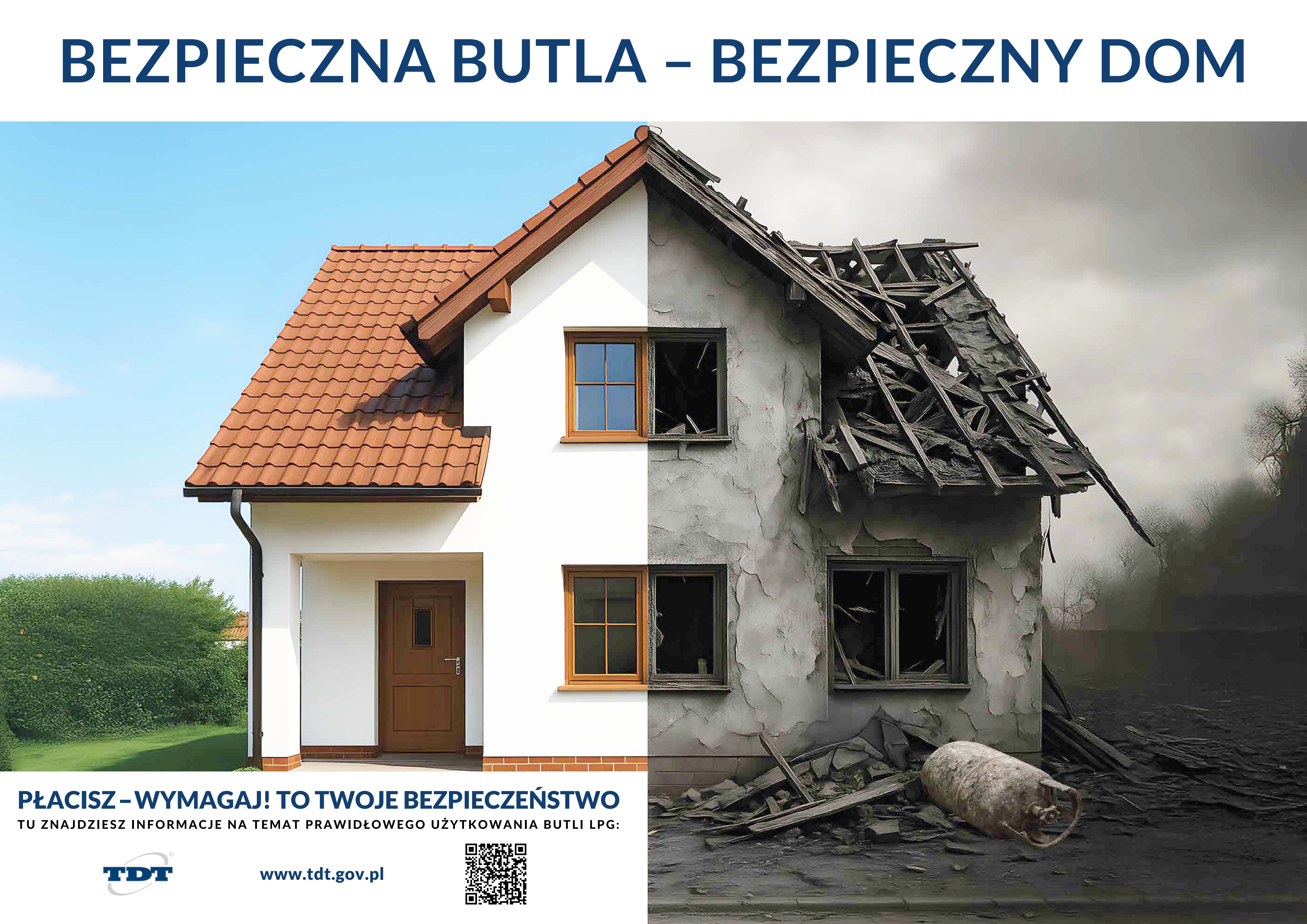plakat przedstawiający dom podzielony na pół, jedna część jest zniszczona