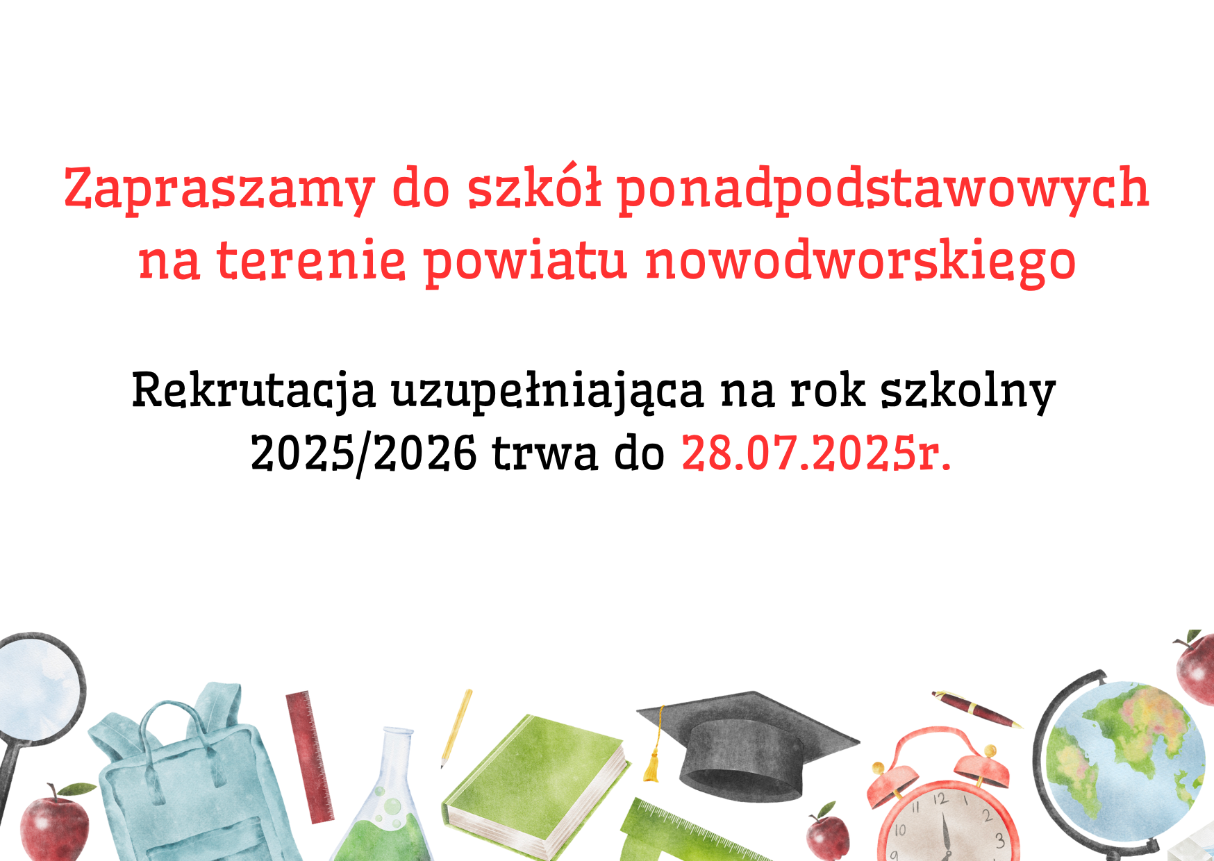 plakat informujący o rekrutacji uzupełniającej w szkołach ponadpodstawowych powiatu nowodworskiego