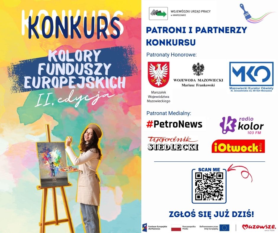 plakat informujący o konkursie plastycznym ,,Kolory Funduszy Europejskich''