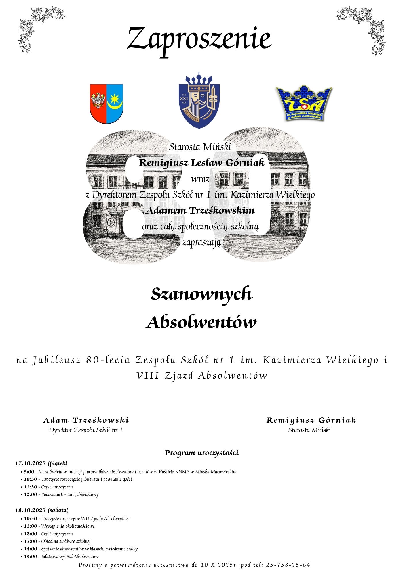 Plakat informujący o wydarzeniu 80- lecie Zespołu Szkół nr 1 w Mińsku Mazowieckim i VIII Zjazd Absolwentów
