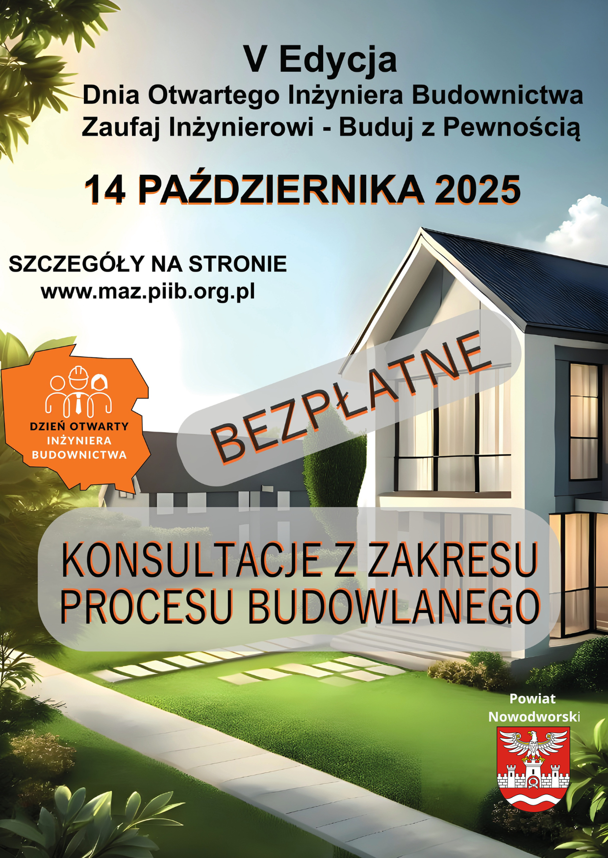 Plakat promujący konsultacje z ekspertami budownictwa, w tle wizualizacja domu