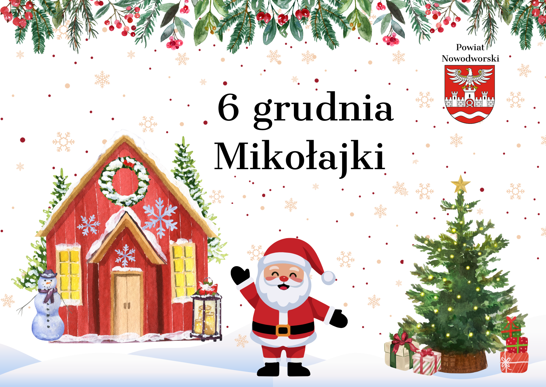 plakat dotyczący 6 grudnia- Mikołajki, świąteczna sceneria, śnieg, Mikołaj