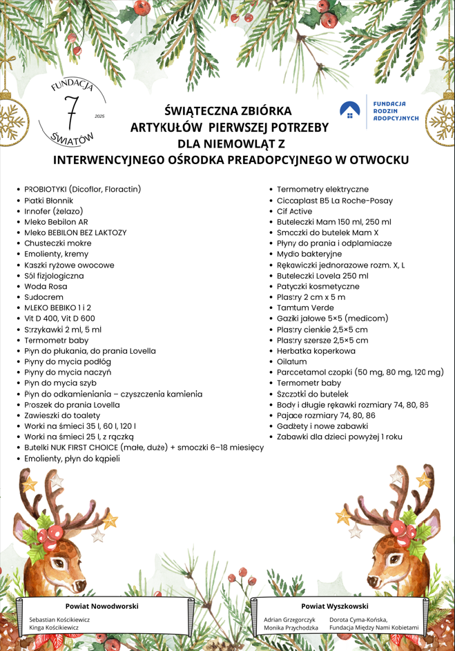 plakat informujący o zbiórce artykułów dla niemowląt