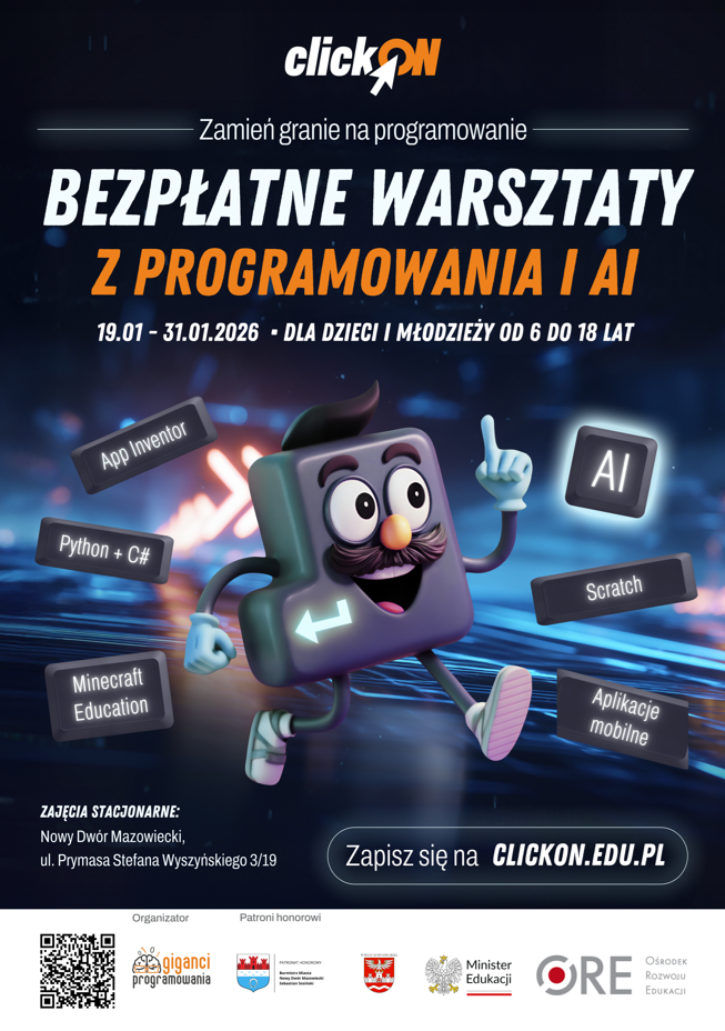 plakat promujący wydarzenie ClickOn darmowe warsztaty z programowania
