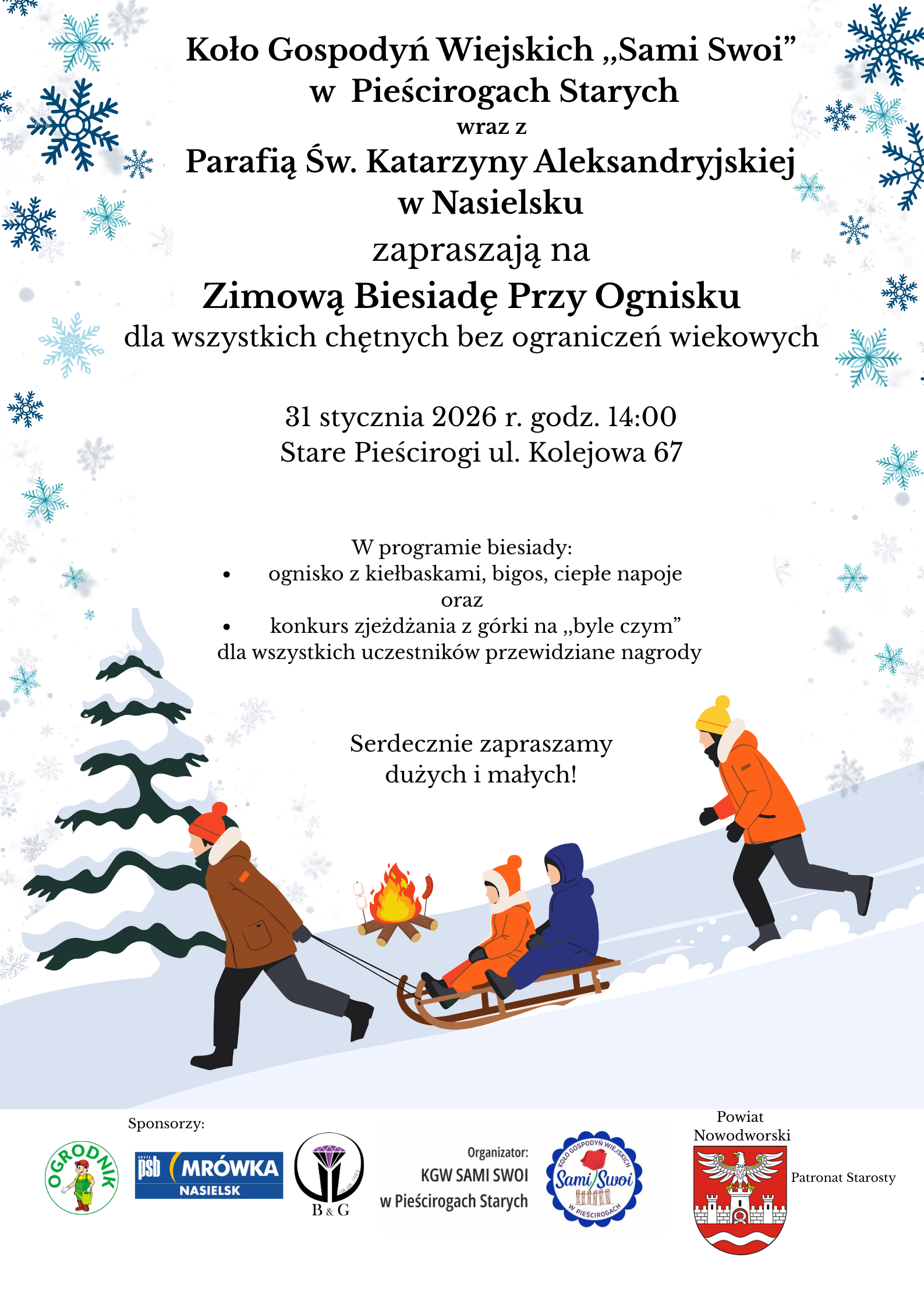 plakat promujący wydarzenie ,,Zimowa Biesiada Przy Ognisku"