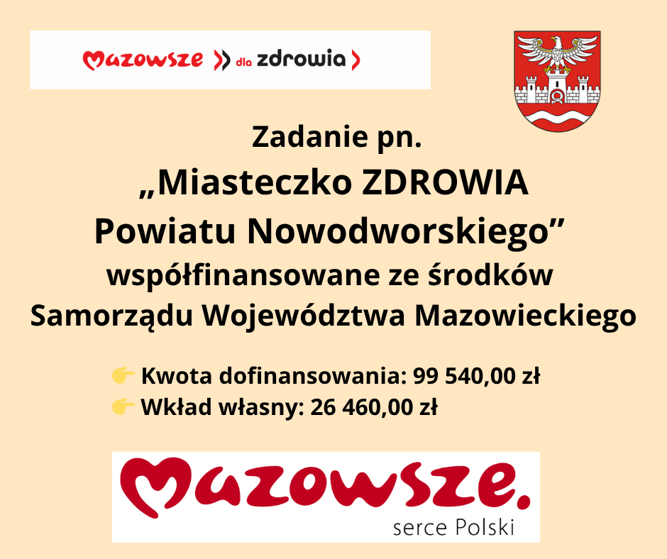 Plakat informujący o dofinansowaniu projektu Miasteczko ZDROWIA Powiatu Nowodworskiego